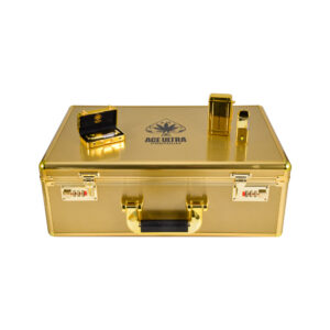 Ace Ultra Premium Signature Gold Collection open luxury case displaying rows of individually gold velvet-packaged Ace Ultra Premium disposable vapes with Ace Ultra Premium spade logo embossed on black velvet interior lid