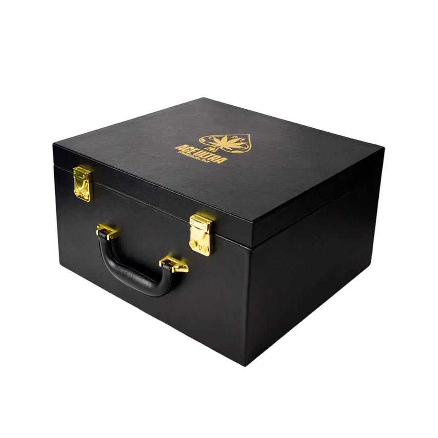Ace Ultra Premium Black Badge Collection matte black luxury presentation case open showing black velvet interior with individually sleeved Ace Ultra Premium disposable vapes and brushed metallic badge detailing