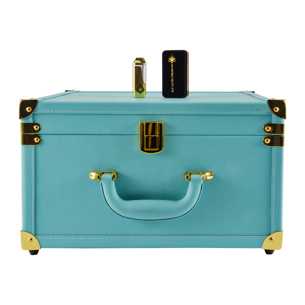 AAce Ultra Premium Tiffany / Aqua Edition open aqua blue luxury briefcase with gold hardware displaying rows of gold velvet-packaged Ace Ultra Premium disposable vapes and embossed Ace Ultra Premium spade logo on black velvet interior